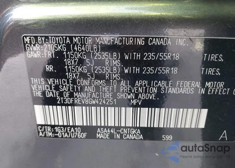 2016 Toyota Rav4 Limited z USA, uszkodzony, nr VIN 2T3DFREV8GW424251